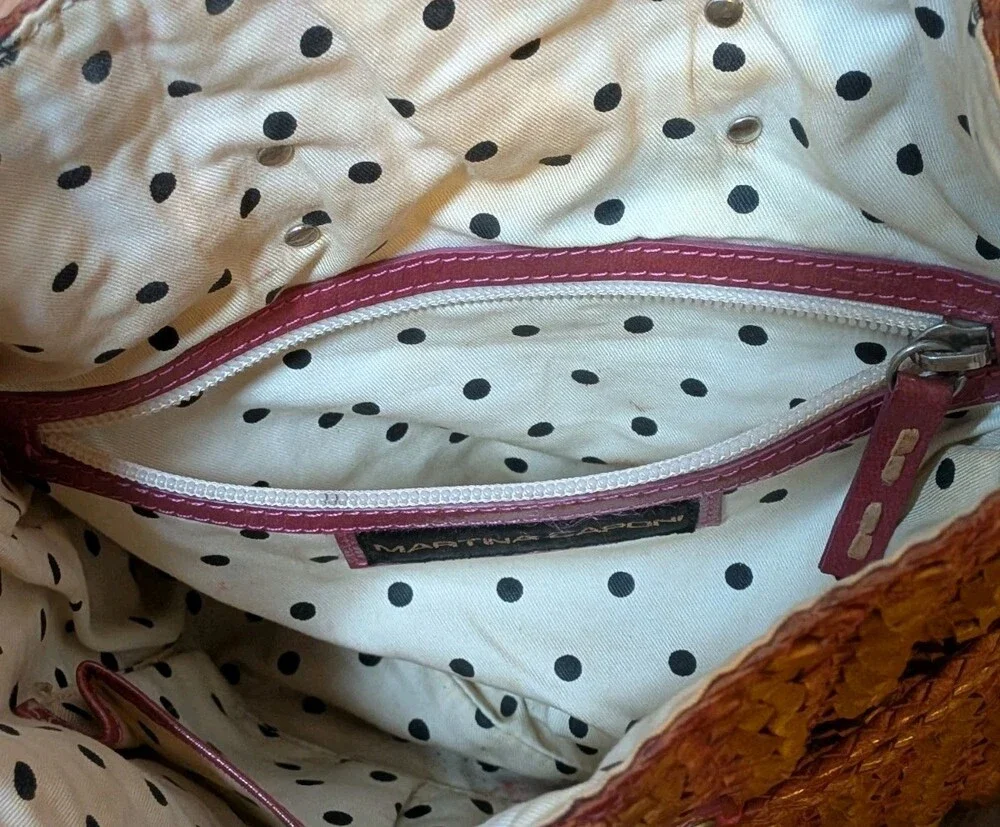 Martina Caponi Italy Brown Woven Braided Leather Bag Hobo Drawstring Polka Dot